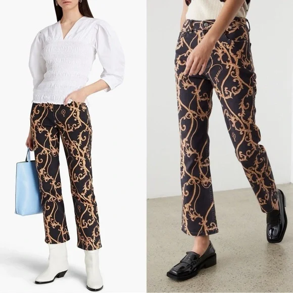 GANNI 90s Baroque Logo Print Denim‎ High Rise Cropped Bootcut Flare Leg Jeans 26